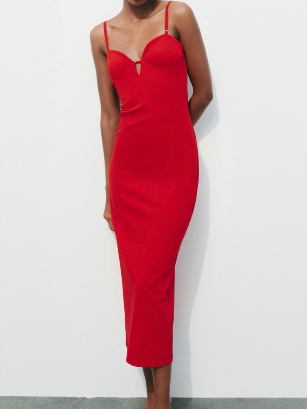 Zara Red Midi Dress with Sweetheart Bust